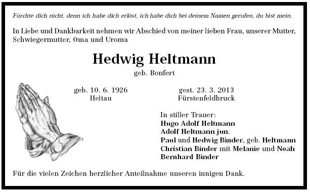 Bonfert Hedwig 1926-2013 Todesanzeige